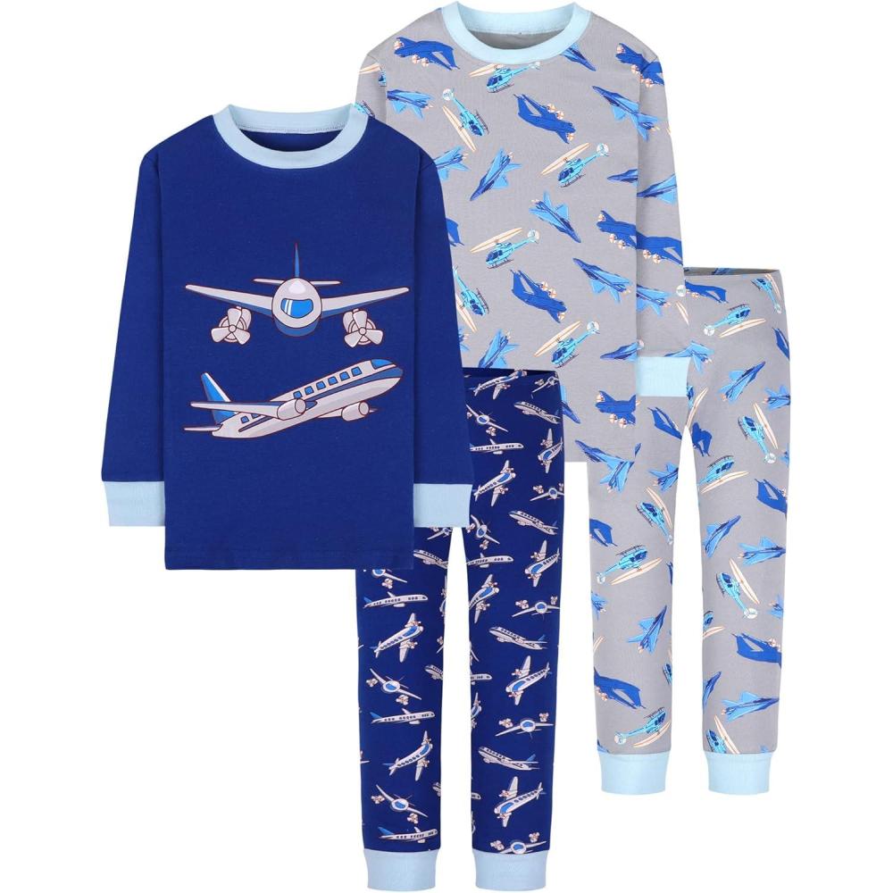 imageDAUGHTER QUEEN Boys Pajamas 4 Pieces Long Set 100 Cotton Sleepwear Size 18 Months12 Years4pcsblueGreyairplanelba22