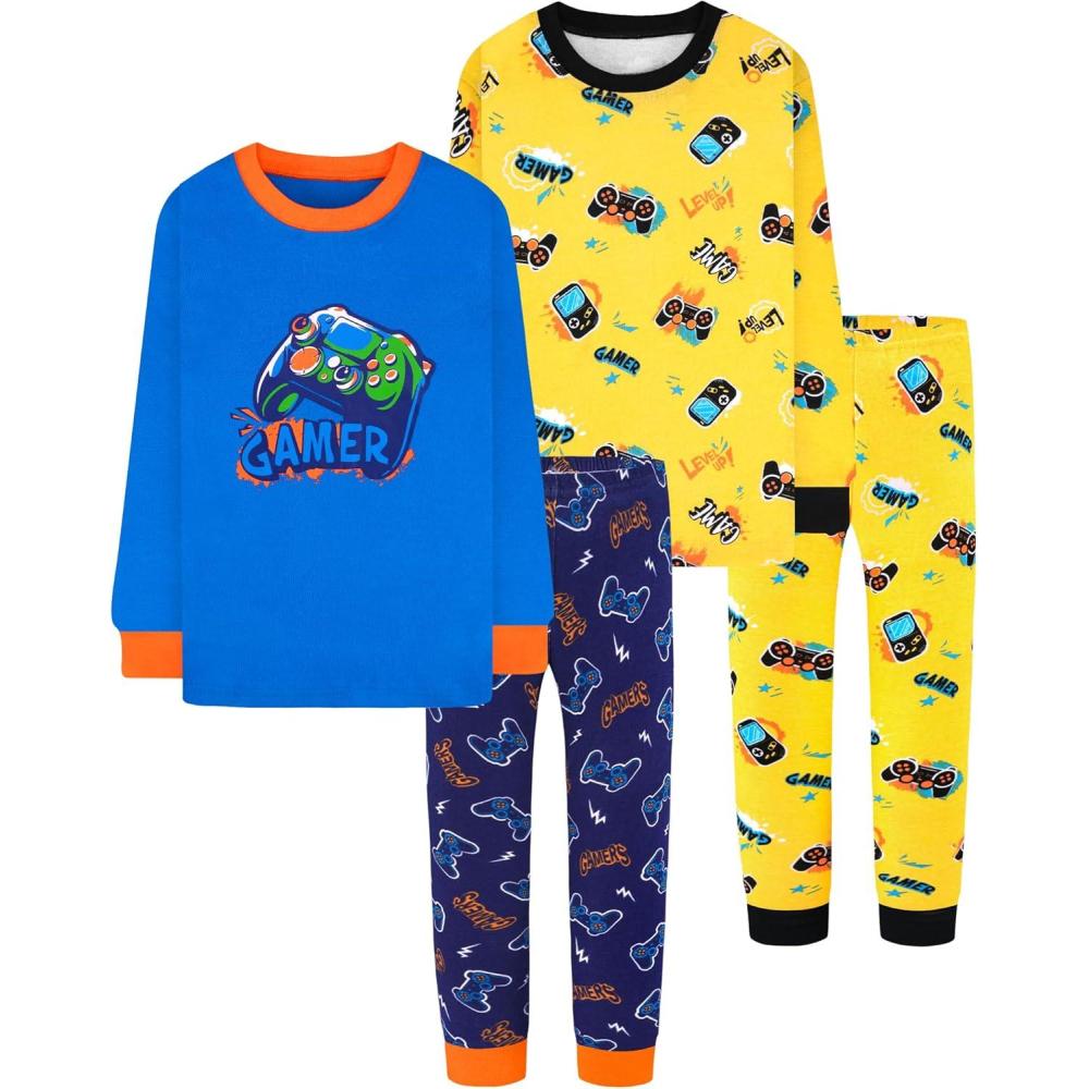 imageDAUGHTER QUEEN Boys Pajamas 4 Pieces Long Set 100 Cotton Sleepwear Size 18 Months12 Years4pcsblueYellowgamerlba24