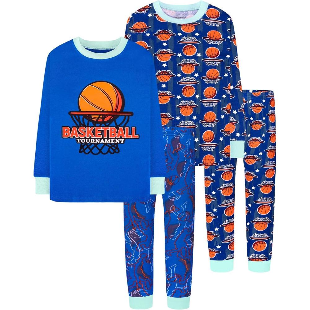 imageDAUGHTER QUEEN Boys Pajamas 4 Pieces Long Set 100 Cotton Sleepwear Size 18 Months12 Years4pcsbluebasketballlba23