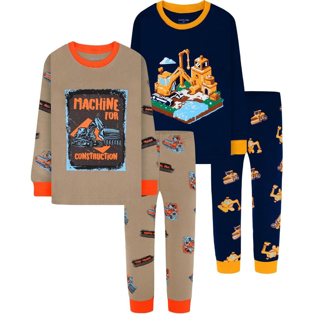 imageDAUGHTER QUEEN Boys Pajamas 4 Pieces Long Set 100 Cotton Sleepwear Size 18 Months12 Years4pcsnanyBrownconstructionlba25