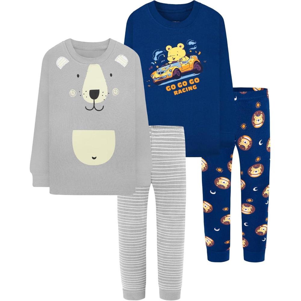 imageDAUGHTER QUEEN Boys Pajamas 4 Pieces Long Set 100 Cotton Sleepwear Size 18 Months12 Years4pcsnavy BlueGreybearlba24