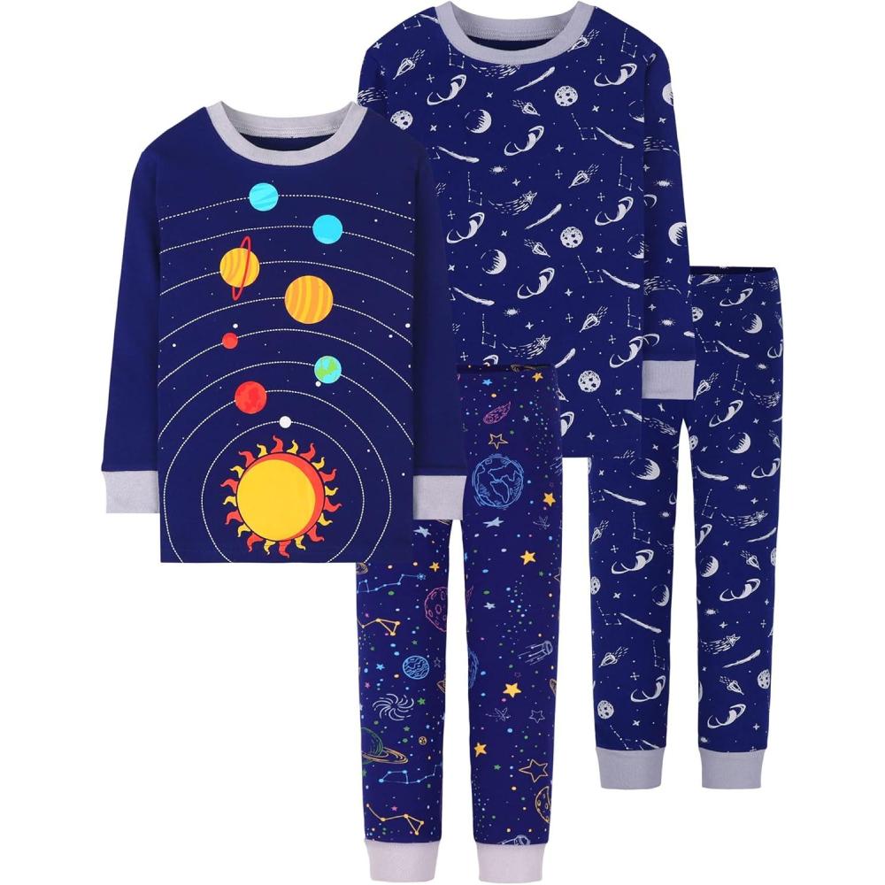 imageDAUGHTER QUEEN Boys Pajamas 4 Pieces Long Set 100 Cotton Sleepwear Size 18 Months12 Years4pcsnavy Bluesolar Systemplanetlba22
