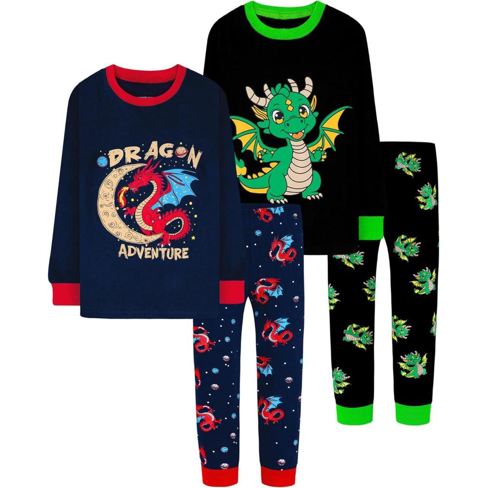 imageDAUGHTER QUEEN Boys Pajamas 4 Pieces Long Set 100 Cotton Sleepwear Size 18 Months12 Years4pcsnavyBlackdragonlba25