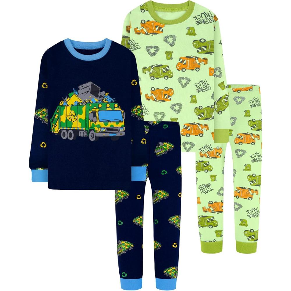 imageDAUGHTER QUEEN Boys Pajamas 4 Pieces Long Set 100 Cotton Sleepwear Size 18 Months12 Years4pcsnavyGreengarbage Trucklba25