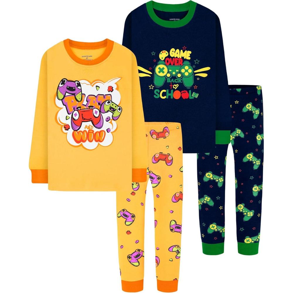 imageDAUGHTER QUEEN Boys Pajamas 4 Pieces Long Set 100 Cotton Sleepwear Size 18 Months12 Years4pcsnavyYellowgamerlba25