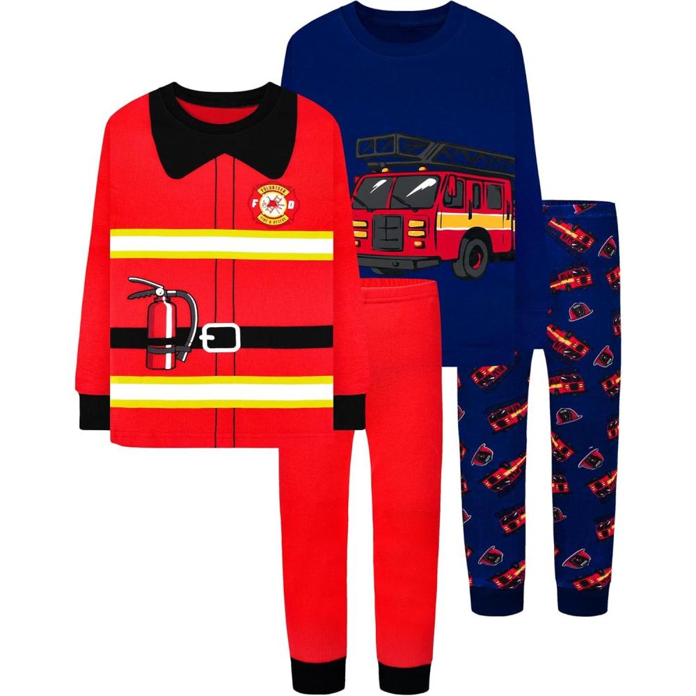 imageDAUGHTER QUEEN Boys Pajamas 4 Pieces Long Set 100 Cotton Sleepwear Size 18 Months12 Years4pcsredNavy Bluefire TruckFiremanlba24