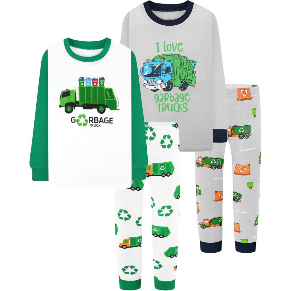 imageDAUGHTER QUEEN Boys Pajamas 4 Pieces Long Set 100 Cotton Sleepwear Size 18 Months12 Years4pcswhiteGreygarbage Trucklba24