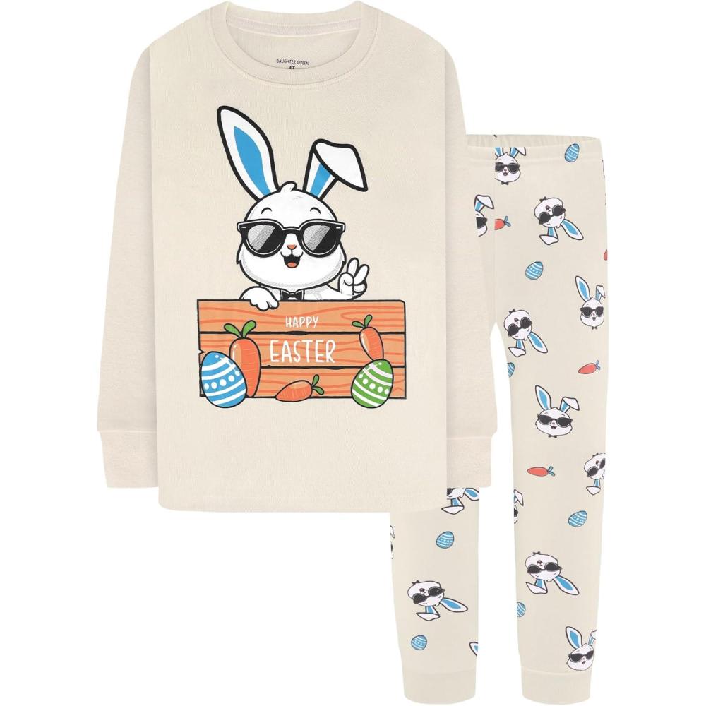 imageDAUGHTER QUEEN Boys Pajamas 4 Pieces Long Set 100 Cotton Sleepwear Size 18 Months12 YearsBunnyEaster EggsBeigelba25