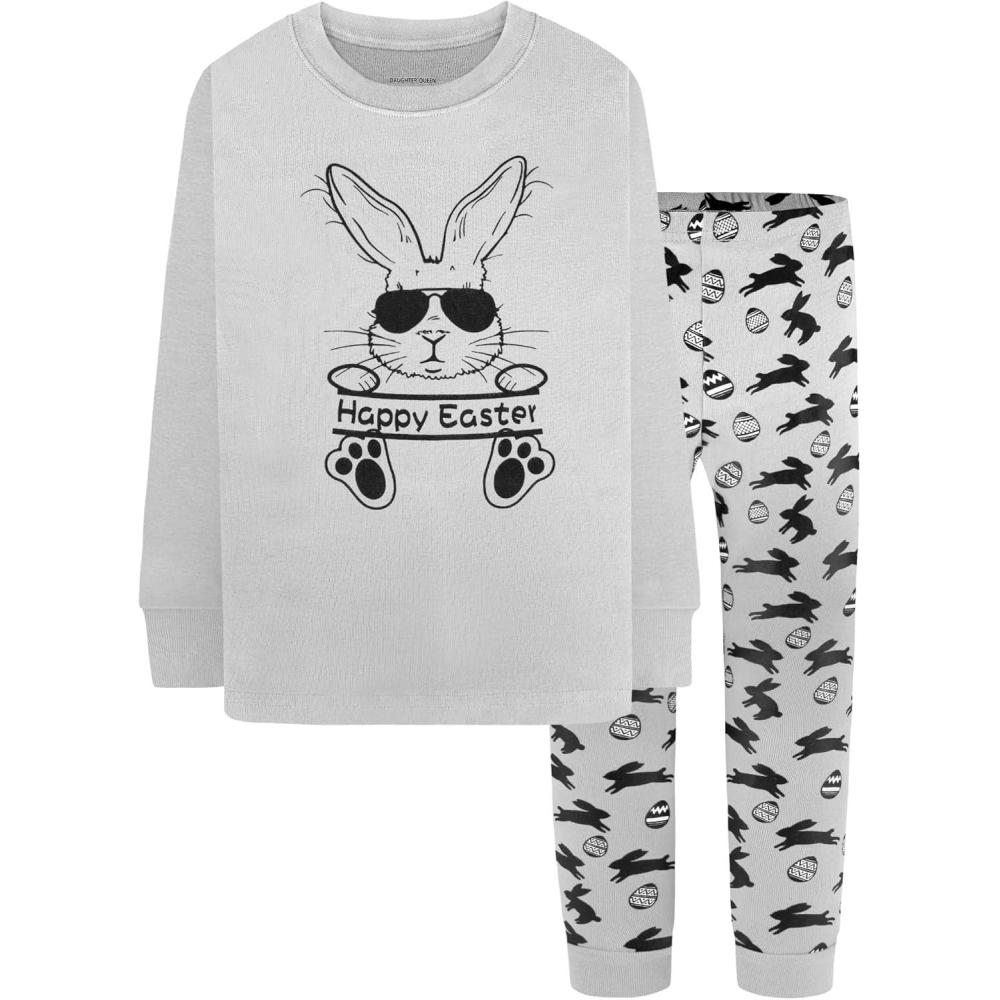 imageDAUGHTER QUEEN Boys Pajamas 4 Pieces Long Set 100 Cotton Sleepwear Size 18 Months12 YearsBunnyEaster EggsGreylba24