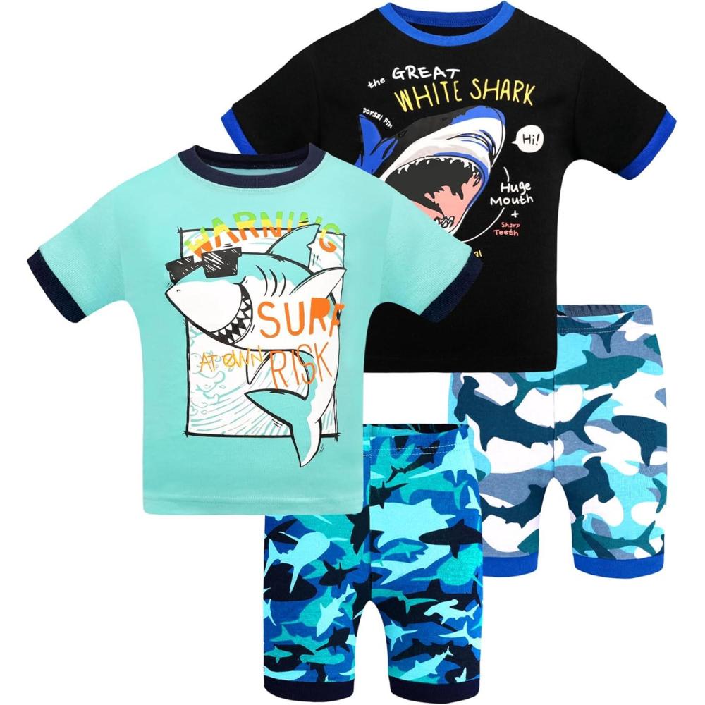 imageDAUGHTER QUEEN Boys Pajamas 4 Pieces Short Set 100 Cotton Sleepwear Size 18 Months12 Years4pcsblackBluesharksba24