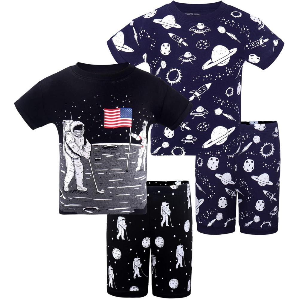 imageDAUGHTER QUEEN Boys Pajamas 4 Pieces Short Set 100 Cotton Sleepwear Size 18 Months12 Years4pcsblackNavy Blueastronautspace