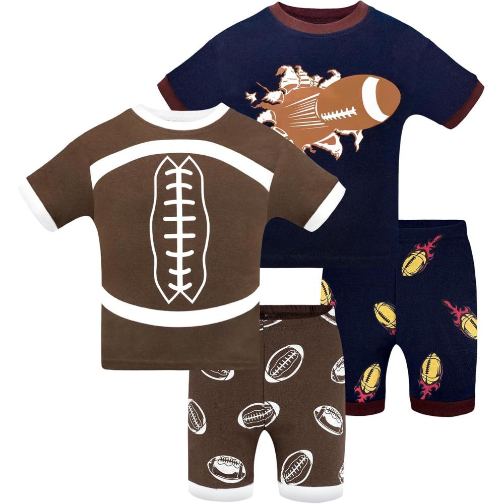 imageDAUGHTER QUEEN Boys Pajamas 4 Pieces Short Set 100 Cotton Sleepwear Size 18 Months12 Years4pcsbrownBluefootballsba24