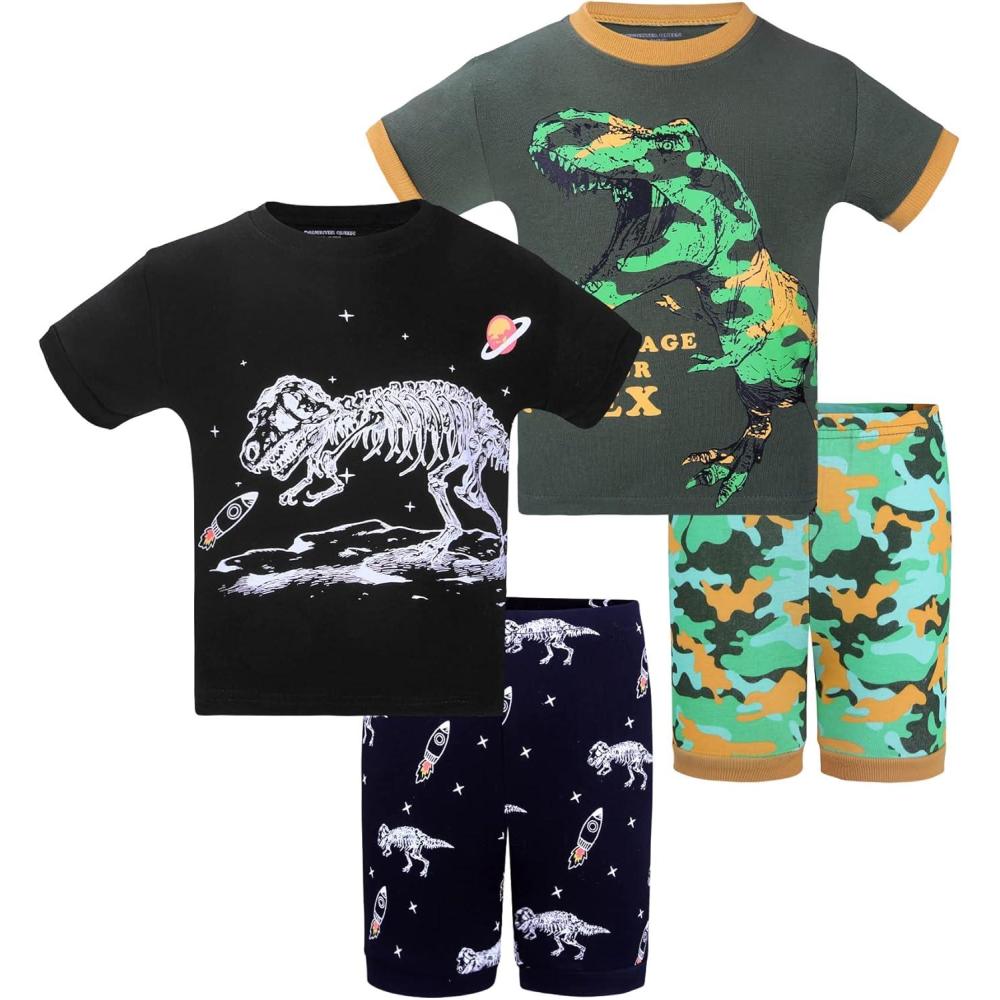 imageDAUGHTER QUEEN Boys Pajamas 4 Pieces Short Set 100 Cotton Sleepwear Size 18 Months12 Years4pcscamouflage GreenBlackdinosaur