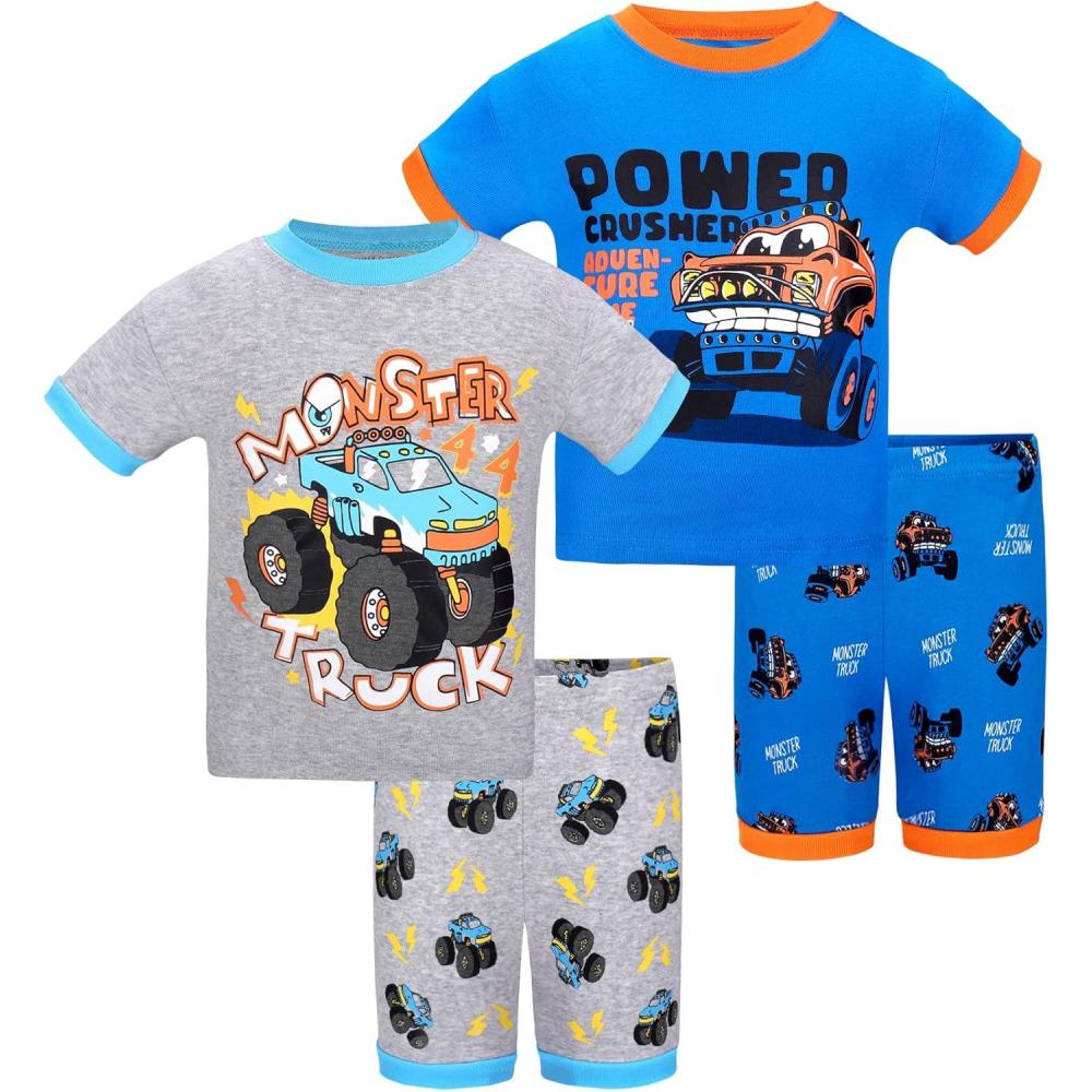 imageDAUGHTER QUEEN Boys Pajamas 4 Pieces Short Set 100 Cotton Sleepwear Size 18 Months12 Years4pcsgreyBluemoster Truck