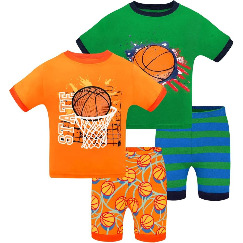 imageDAUGHTER QUEEN Boys Pajamas 4 Pieces Short Set 100 Cotton Sleepwear Size 18 Months12 Years4pcsorangeGreenbasketballsba24