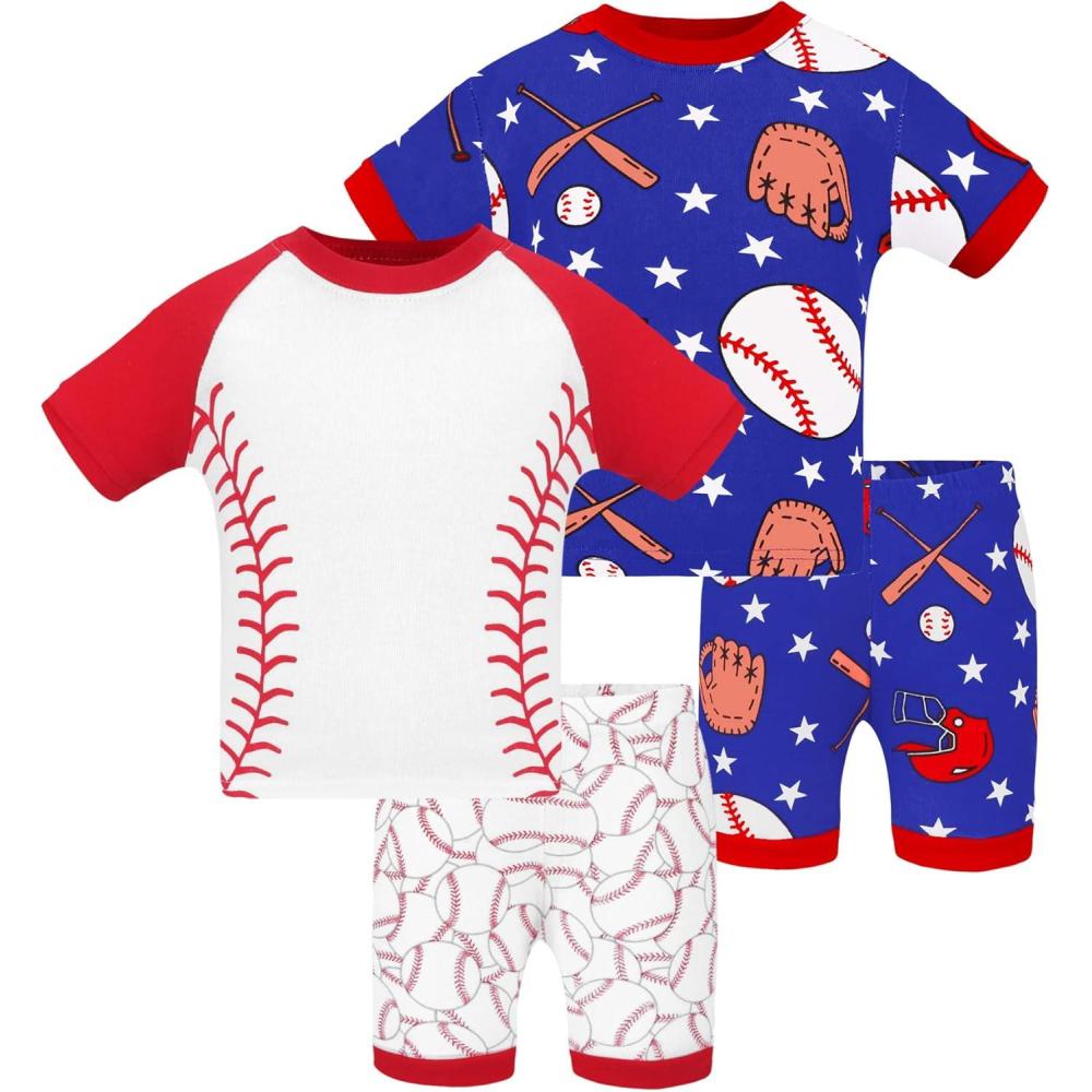 imageDAUGHTER QUEEN Boys Pajamas 4 Pieces Short Set 100 Cotton Sleepwear Size 18 Months12 Years4pcswhiteBluebaseballsba23