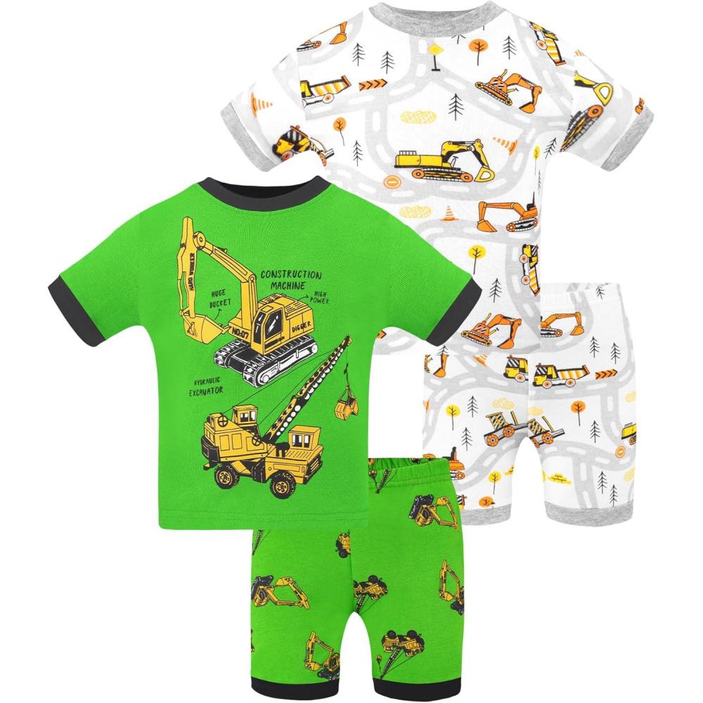 imageDAUGHTER QUEEN Boys Summer Pajamas Set 4 Pieces 100 Cotton Sleepwear Size 18 Months12 Years4pcsgreenWhiteexcavatorsba25