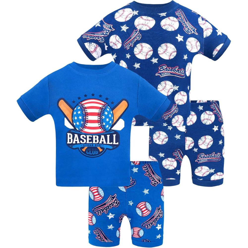 imageDAUGHTER QUEEN Boys Summer Pajamas Set 4 Pieces 100 Cotton Sleepwear Size 18 Months12 Years4pcsnavyBluebaseballsba24