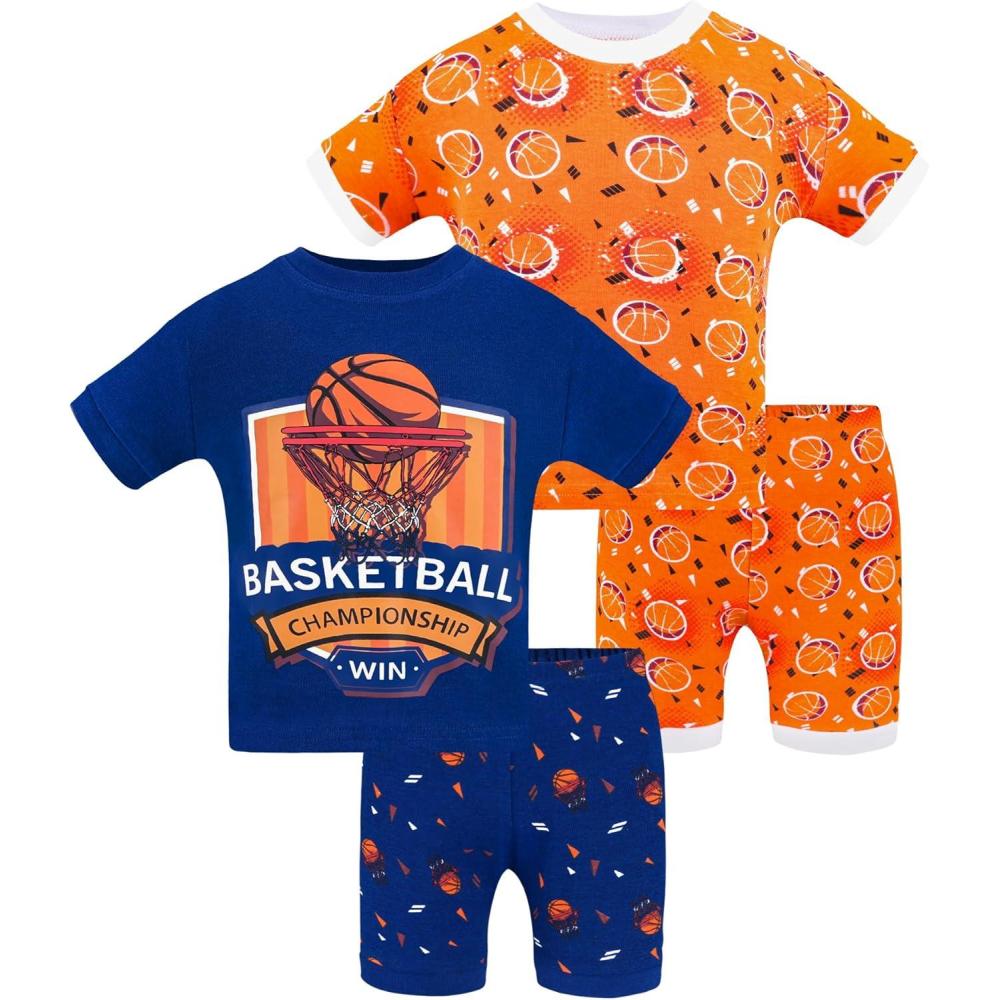 imageDAUGHTER QUEEN Boys Summer Pajamas Set 4 Pieces 100 Cotton Sleepwear Size 18 Months12 Years4pcsnavyOrangebasketballsba24