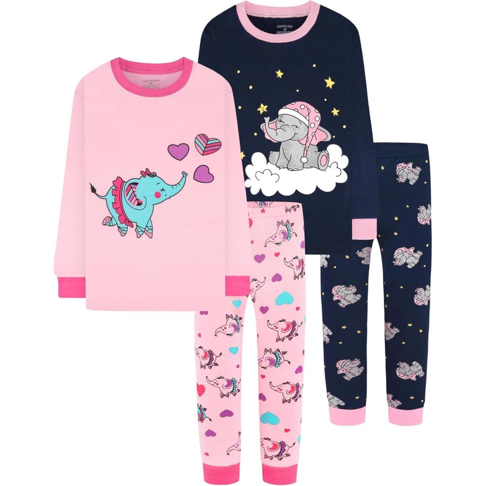 imageDAUGHTER QUEEN Girls 4 Pieces Cotton Pajamas Size 18 Months12 Years4pcsnavyPinkelephantlga24