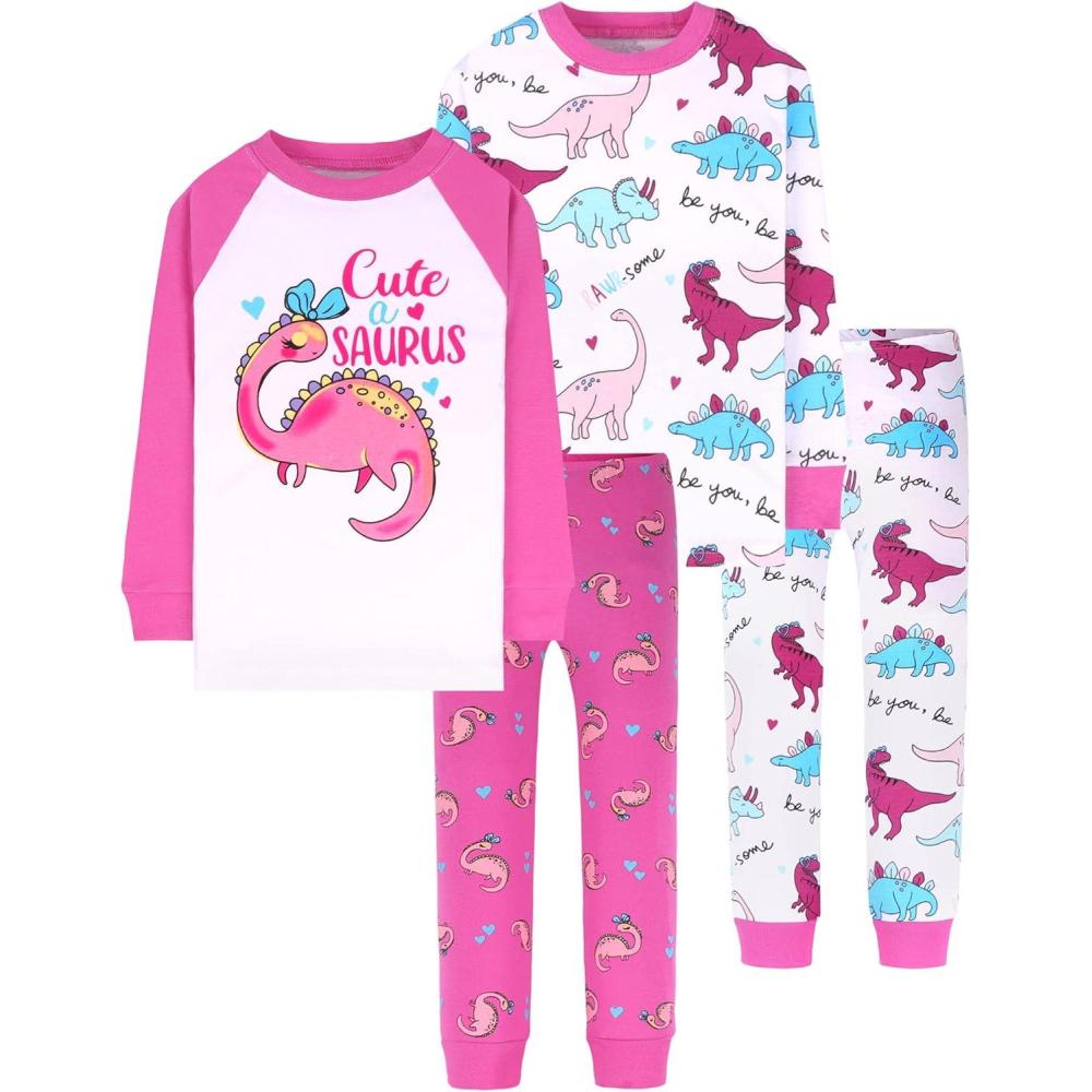 imageDAUGHTER QUEEN Girls 4 Pieces Cotton Pajamas Size 18 Months12 Years4pcspinkWhitedinosaurlga22