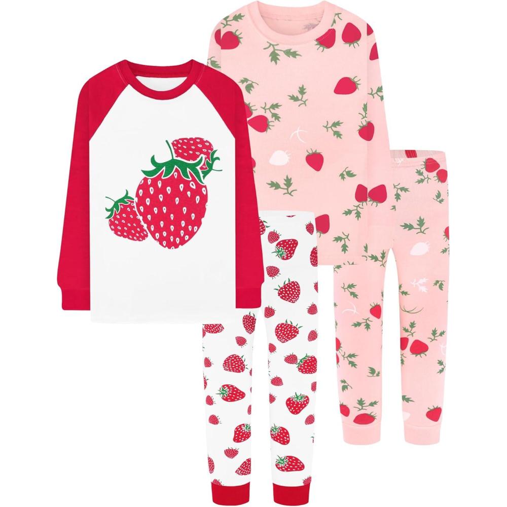 imageDAUGHTER QUEEN Girls 4 Pieces Cotton Pajamas Size 18 Months12 Years4pcsredPinkstrawberrylga24