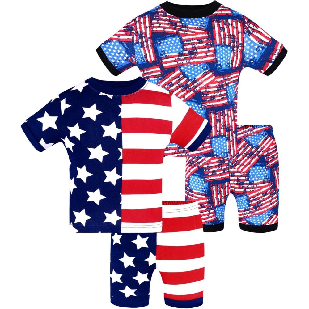 imageDAUGHTER QUEEN Girls Summer Pajamas Set 4 Pieces 100 Cotton Sleepwear Size 18 Months12 Years4pcsnavyamerican Flagsga24
