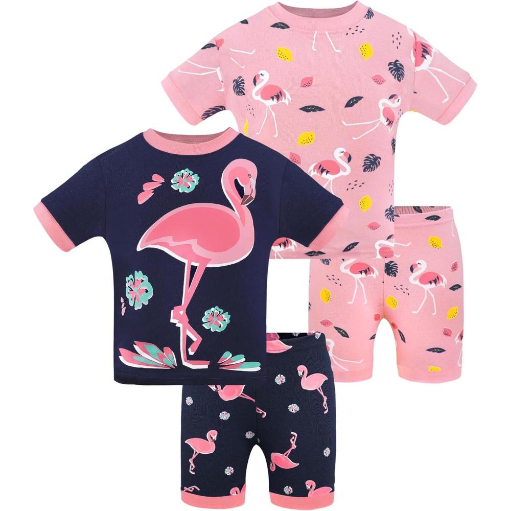 imageDAUGHTER QUEEN Girls Summer Pajamas Set 4 Pieces 100 Cotton Sleepwear Size 18 Months12 Years4pcspinkNavyflamingosga25