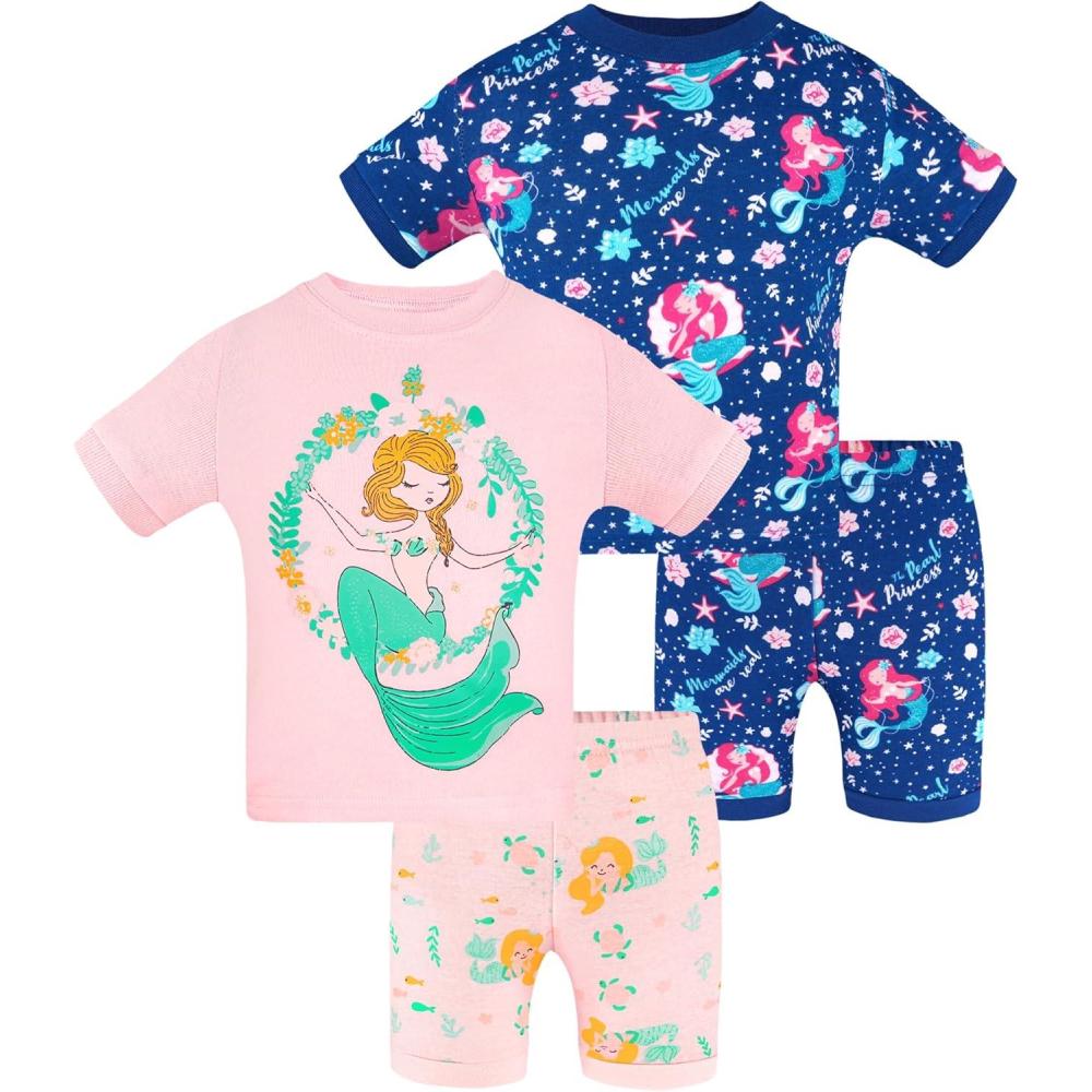 imageDAUGHTER QUEEN Girls Summer Pajamas Set 4 Pieces 100 Cotton Sleepwear Size 18 Months12 Years4pcspinkNavymermaidsga24
