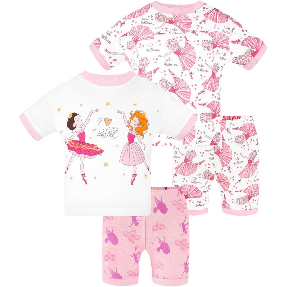 imageDAUGHTER QUEEN Girls Summer Pajamas Set 4 Pieces 100 Cotton Sleepwear Size 18 Months12 Years4pcspinkWhiteballerinasga24