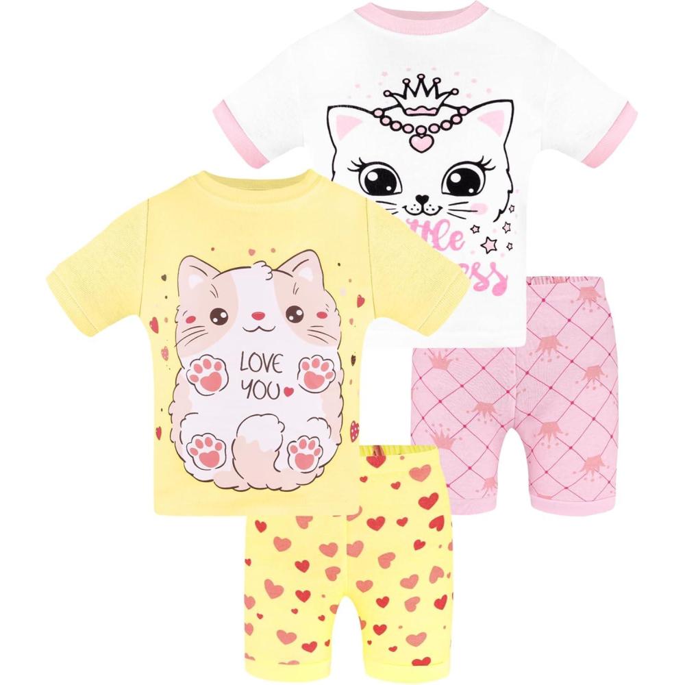 imageDAUGHTER QUEEN Girls Summer Pajamas Set 4 Pieces 100 Cotton Sleepwear Size 18 Months12 Years4pcspinkYellowcatsga24