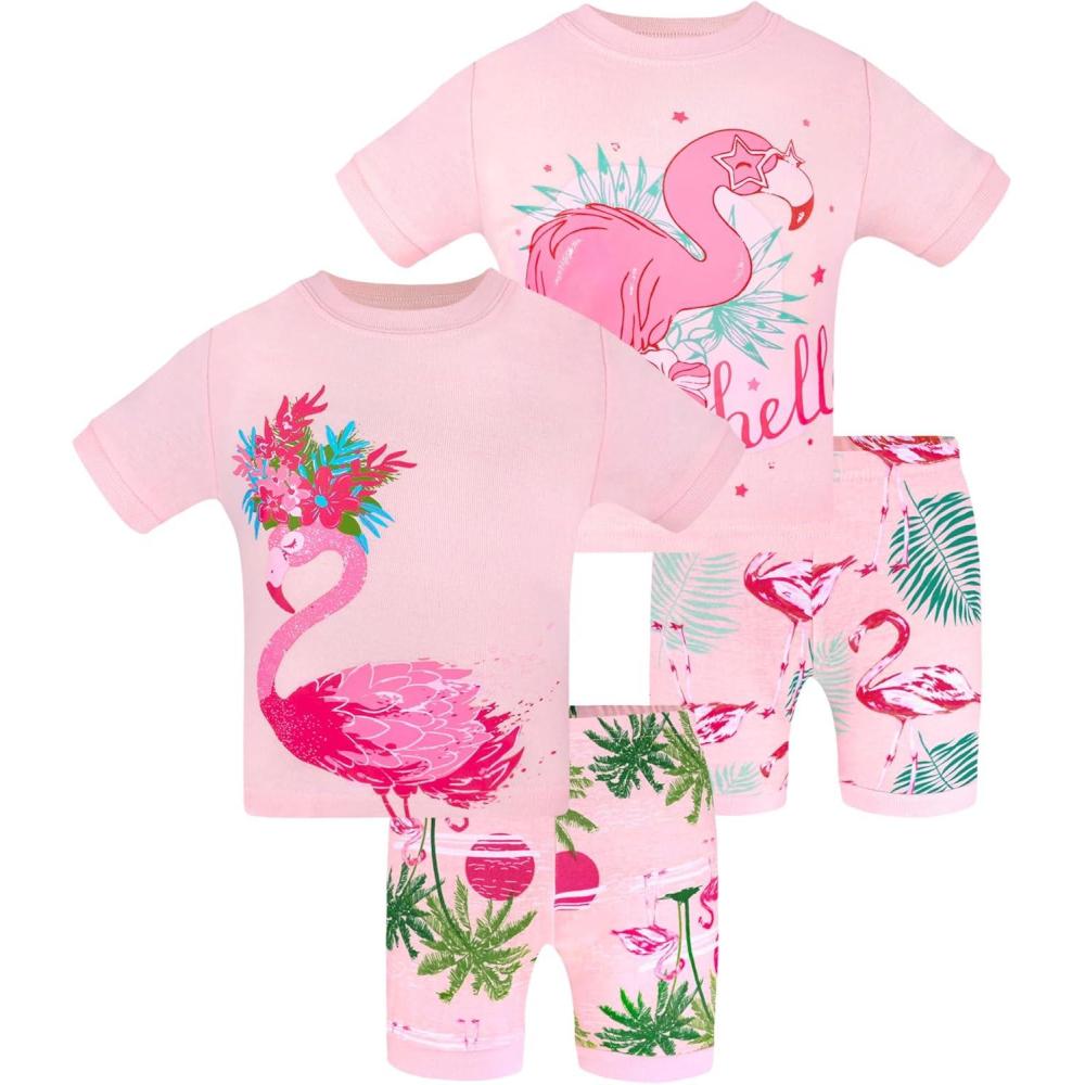 imageDAUGHTER QUEEN Girls Summer Pajamas Set 4 Pieces 100 Cotton Sleepwear Size 18 Months12 Years4pcspinkflamingosga24