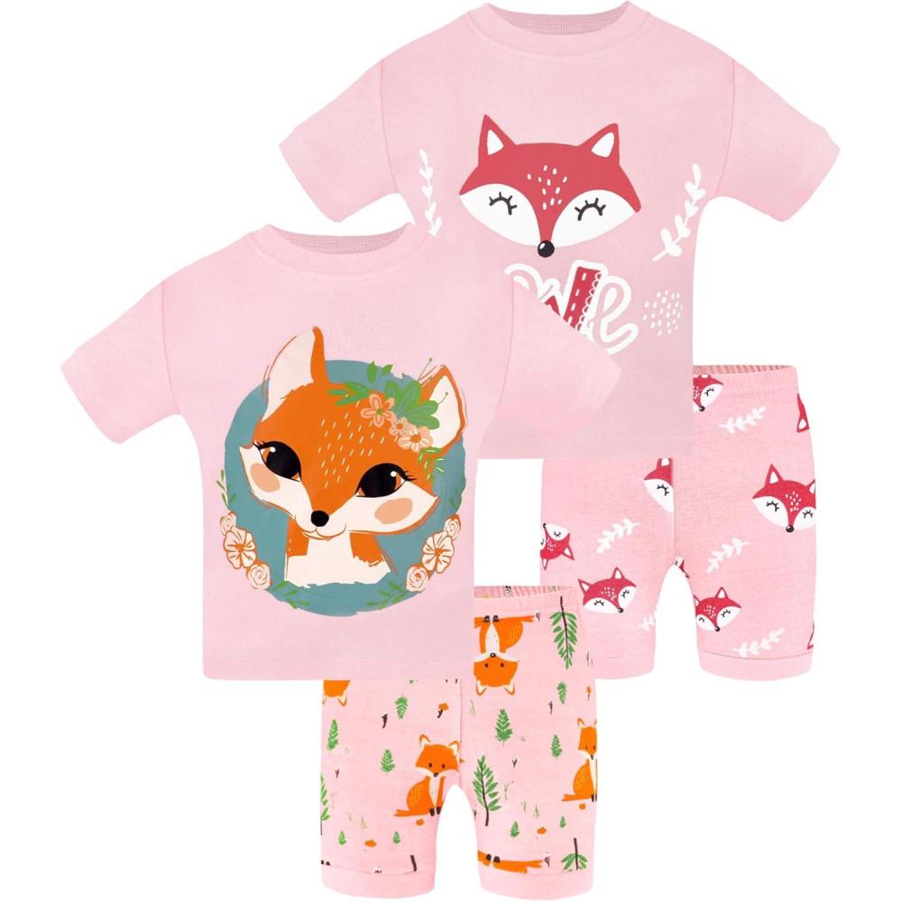 imageDAUGHTER QUEEN Girls Summer Pajamas Set 4 Pieces 100 Cotton Sleepwear Size 18 Months12 Years4pcspinkfoxsga24