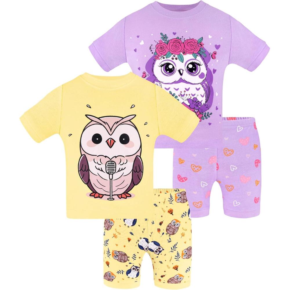 imageDAUGHTER QUEEN Girls Summer Pajamas Set 4 Pieces 100 Cotton Sleepwear Size 18 Months12 Years4pcspurpleYellowowlsga24