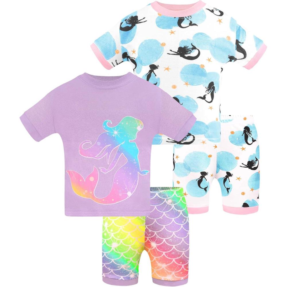 imageDAUGHTER QUEEN Girls Summer Pajamas Set 4 Pieces 100 Cotton Sleepwear Size 18 Months12 Years4pcspurplemermaidsga25