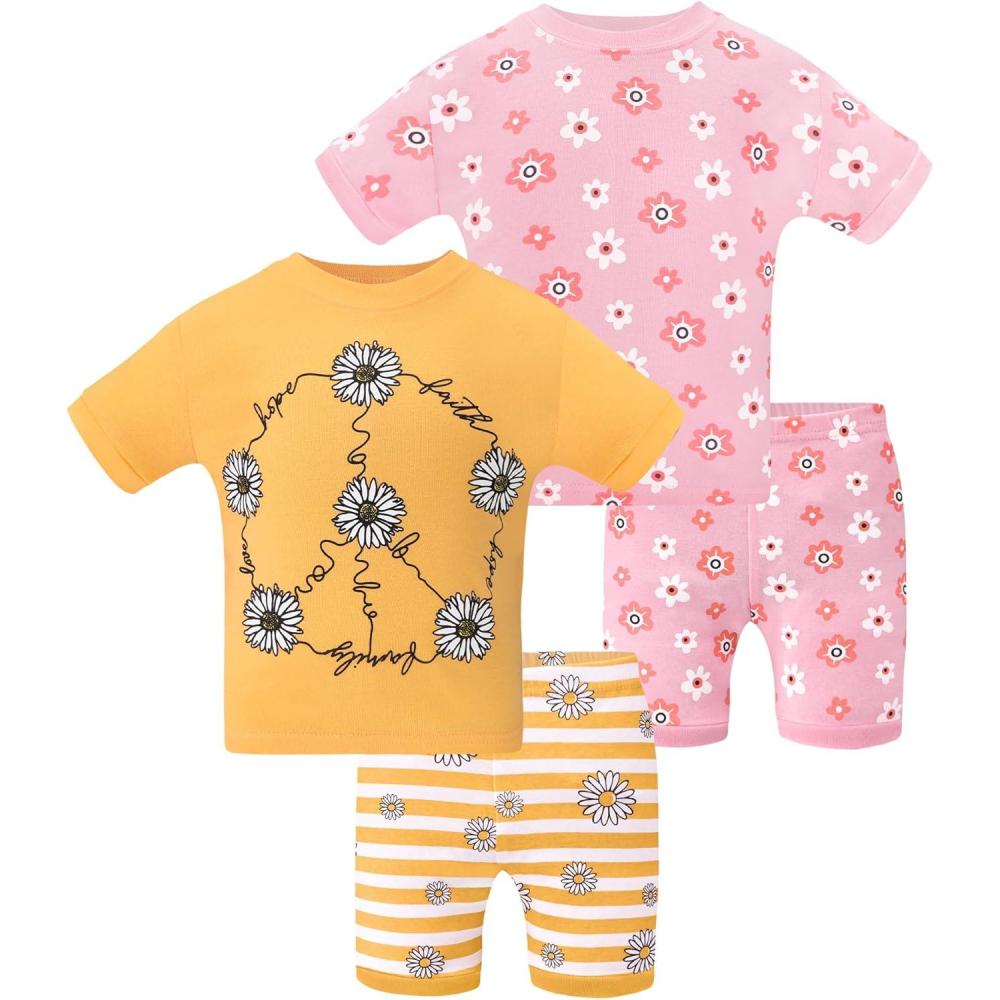 imageDAUGHTER QUEEN Girls Summer Pajamas Set 4 Pieces 100 Cotton Sleepwear Size 18 Months12 Years4pcsyellowPinkflowersga25