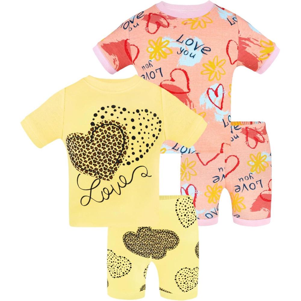 imageDAUGHTER QUEEN Girls Summer Pajamas Set 4 Pieces 100 Cotton Sleepwear Size 18 Months12 Years4pcsyellowPinkheartsga24