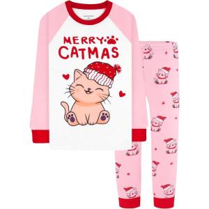 DAUGHTER QUEEN 18 Months-12 Years Boys & Girls Christmas Pajamas 100% Cotton Sleepwear(2pcs-pink-cat-cga25)
