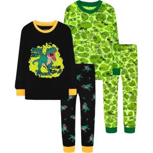 DAUGHTER QUEEN Boys 100% Cotton Long Sleeve Pajamas Size 18Months-12Years(4pcs-black/Green-dinosaur-lba25)