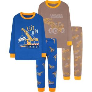 DAUGHTER QUEEN Boys 100% Cotton Long Sleeve Pajamas Size 18Months-12Years(4pcs-blue/Brown-excavator-lba24)
