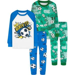 DAUGHTER QUEEN Boys 100% Cotton Long Sleeve Pajamas Size 18Months-12Years(4pcs-blue/Green-soccer-lba25)