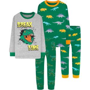 DAUGHTER QUEEN Boys 100% Cotton Long Sleeve Pajamas Size 18Months-12Years(4pcs-green/Grey-dinosaur-lba24)