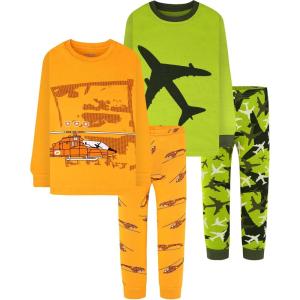 DAUGHTER QUEEN Boys 100% Cotton Long Sleeve Pajamas Size 18Months-12Years(4pcs-green/Yellow-airplane/Helicopter-lba24)