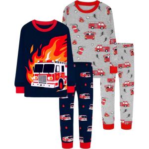 DAUGHTER QUEEN Boys 100% Cotton Long Sleeve Pajamas Size 18Months-12Years(4pcs-navy/Gray-fire Truck-lba25)