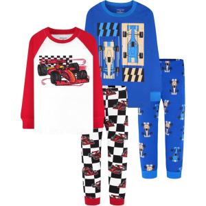 DAUGHTER QUEEN Boys 100% Cotton Long Sleeve Pajamas Size 18Months-12Years(4pcs-red/Blue-race Car-lba24)