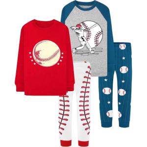 DAUGHTER QUEEN Boys 100% Cotton Long Sleeve Pajamas Size 18Months-12Years(4pcs-red/Navy-baseball-lba24)