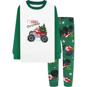 DAUGHTER QUEEN Boys Pajamas 4 Pieces Long Set 100% Cotton Sleepwear Size 18 Months-12 Years(2pcs-green-christmas Truck-cba24)