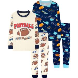 DAUGHTER QUEEN Boys Pajamas 4 Pieces Long Set 100% Cotton Sleepwear Size 18 Months-12 Years(4pcs-beige/Navy-football-lba25)