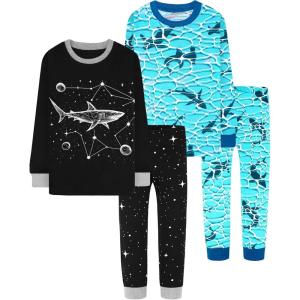 DAUGHTER QUEEN Boys Pajamas 4 Pieces Long Set 100% Cotton Sleepwear Size 18 Months-12 Years(4pcs-black/Blue-shark-lba25)