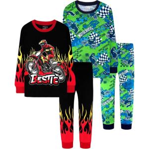 DAUGHTER QUEEN Boys Pajamas 4 Pieces Long Set 100% Cotton Sleepwear Size 18 Months-12 Years(4pcs-black/Green-dirt Bike-lba25)